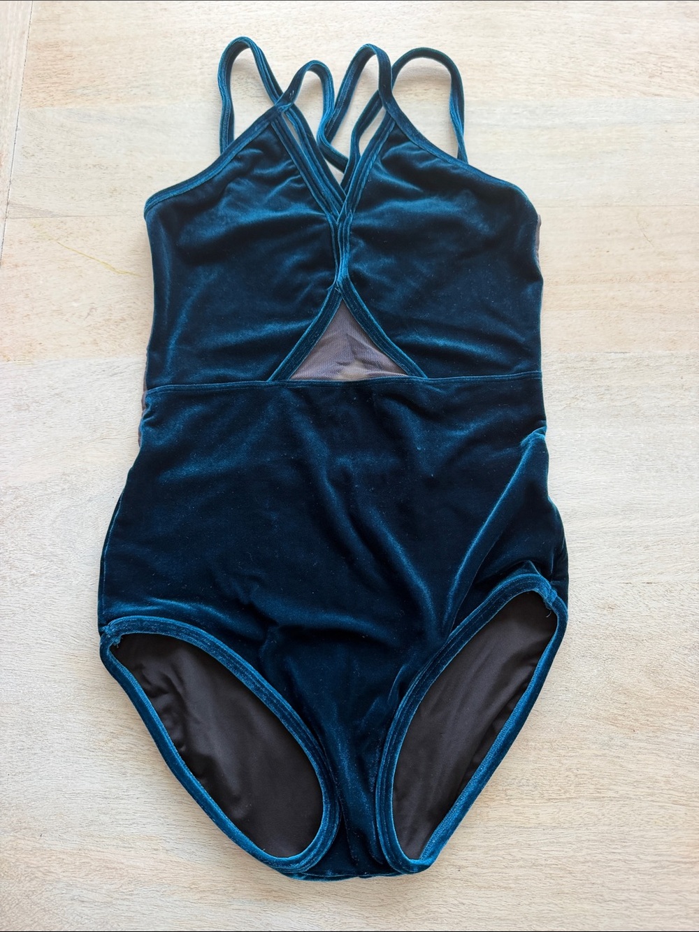 FIVE Velvet Strappy Bodysuit in Teal with Front Mesh Cutout